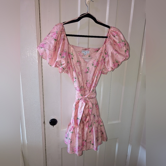 LoveShackFancy Dresses & Skirts - LoveShackFancy Target Collab Pink Floral Puff-Sleeve Wrap Mini Dress